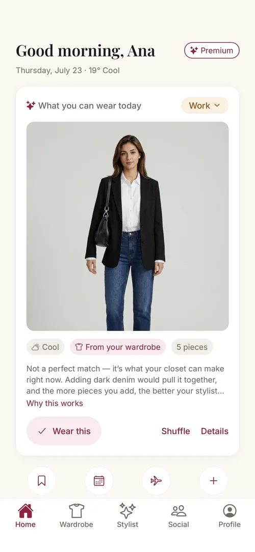 The Ropora home screen showing today's outfit — a black blazer, white shirt and denim — put together from the user's own wardrobe.