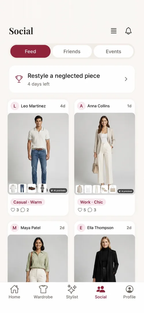 The Ropora social feed showing outfits shared by friends, each tagged with the occasion and the pieces it was built from.