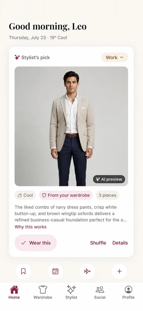 A Ropora stylist pick shown as an AI preview: a linen blazer, white shirt and navy trousers worn as a full look.