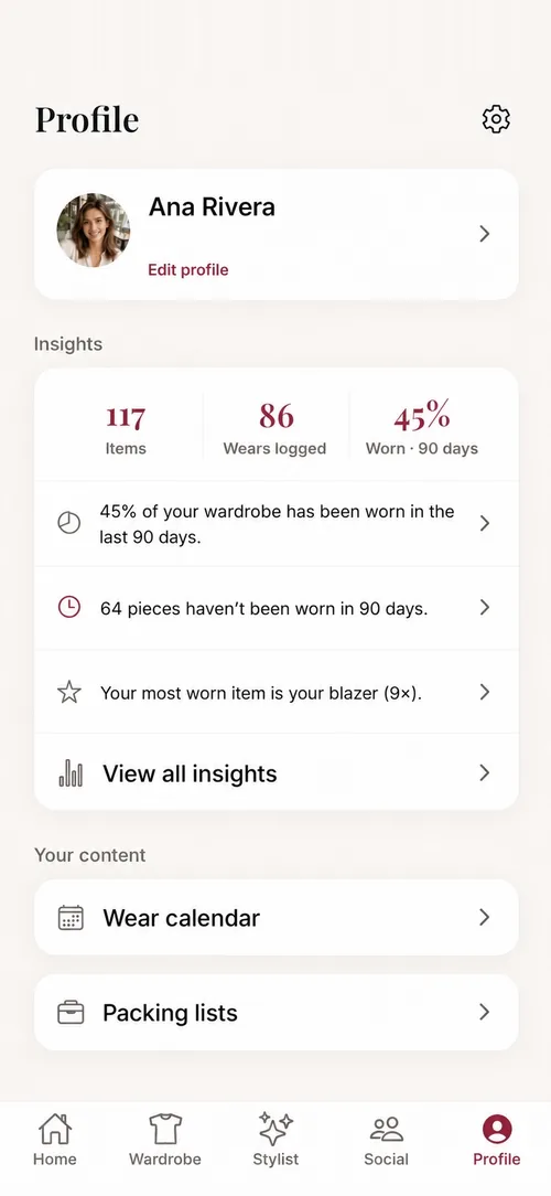 The Ropora profile screen showing wardrobe insights — 117 items, 86 wears logged, 45% of the wardrobe worn in the last 90 days — plus a wear calendar and packing lists.